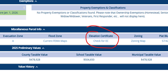 Portion of property detail webpage detailing where the elevation certificate can be found. 